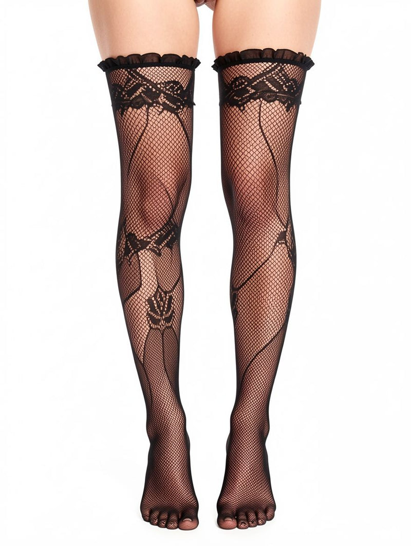 Women's Black Floral Lace Fishnet Ruffle-Top Thigh-High Stockings – view 1
