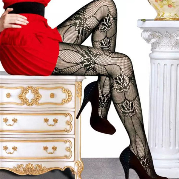 Women's Black Floral Lace Fishnet Ruffle-Top Thigh-High Stockings – view 2