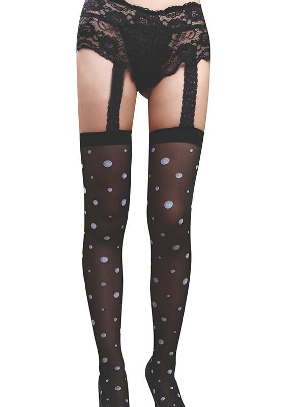 Women's Black Lace-Top Polka-Dot Sheer Thigh-High Stockings – view 1
