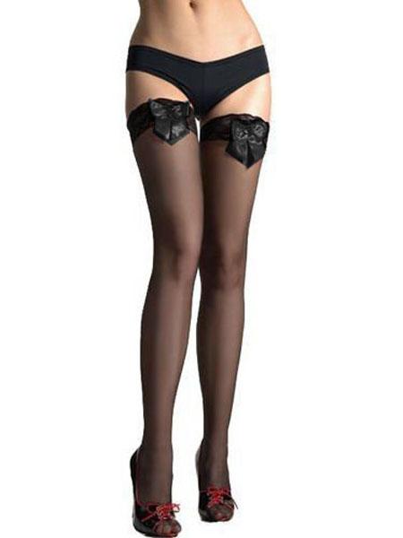 Women's Black Sheer Satin-Bow Thigh-High Hold-Up Stockings – view 1