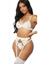 Women's White Lace Triangle Bra and Garter Belt Set with Thigh-Highs – view 2