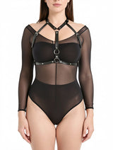 Women's Black Leather Cage Bra Harness with Choker Strap – view 3