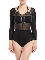 Women's Black Leather Chain Strap Cage Bra Harness with Choker – view 3