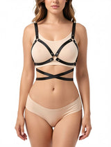Women's Black Leather Cross Wrap Strap Bra Harness – view 4