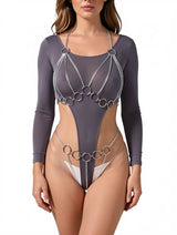 Women's Grey Long Sleeve Bodysuit with Silver Chain O-Ring Harness – view 3