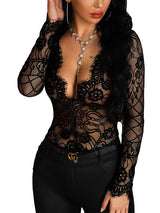 Women's Black Lace Long Sleeve Deep V-Neck Bodysuit Teddy – view 4