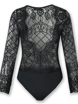 Women's Black Lace Long Sleeve Deep V-Neck Bodysuit Teddy – view 2