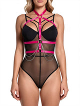 Women's Pink Leather Choker Chain Harness Mesh Bodysuit – view 3