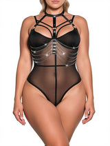 Women's Punk Leather Chain Harness Mesh Bodysuit – view 3
