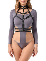 Women's Punk Leather Chest Harness with Collar & Waist Belt – view 3