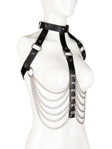 Women's Punk Leather Choker Harness with Multi-Layer Chain Drape Bra – view 2