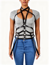 Women's Punk Leather Full Body Harness with Collar & O-Rings – view 3