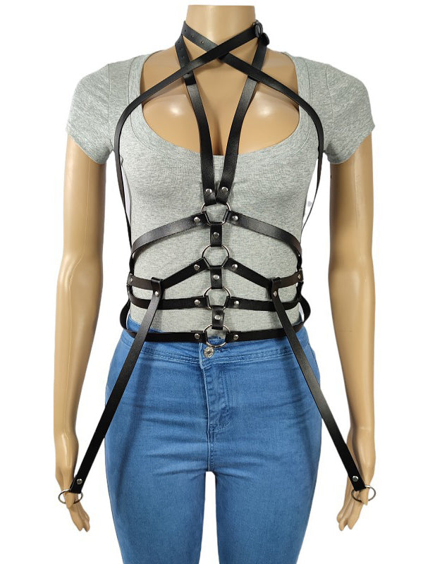 Women's Punk Leather Full Body Harness with Collar & O-Rings – view 2