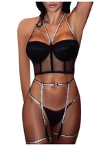 Women's Sexy Rhinestone Strap Bustier and Panty Set with Garters – view 5