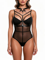Women's Sheer Mesh Bodysuit with Leather Chain Cage Harness – view 3