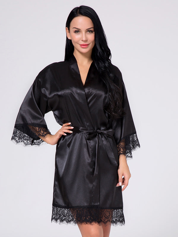 Women's Wrist Sleeve Length Frill Satin Gown With Belt – view 1
