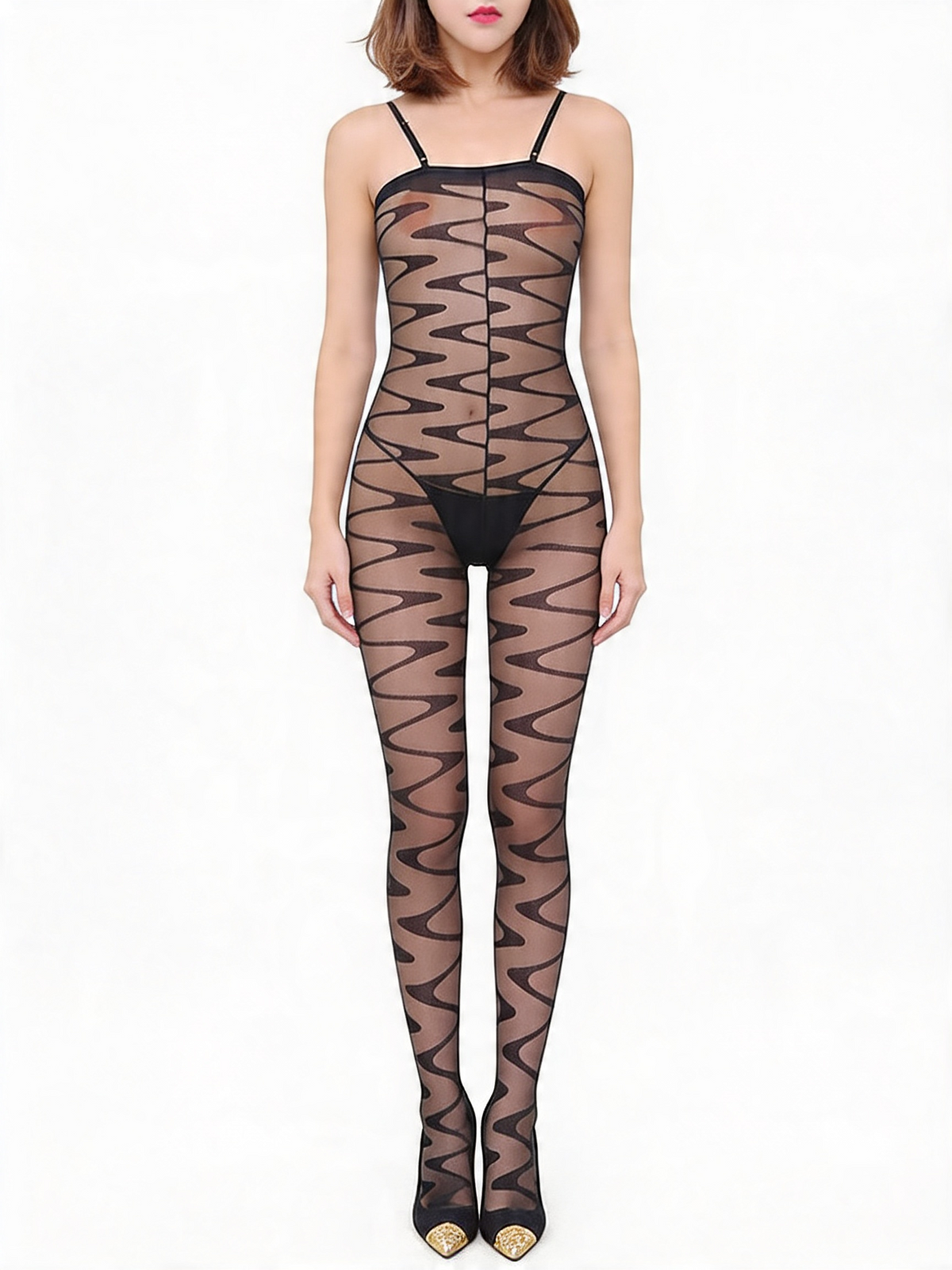 Women's Sexy Wave Print Transparent Mesh Spaghetti Strap Bodystocking – view 3