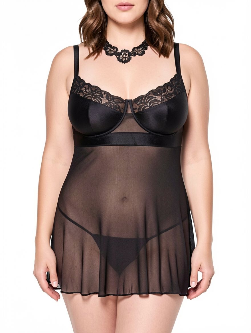 Plus Size Sexy Women Black Vinyl Babydoll Lingerie