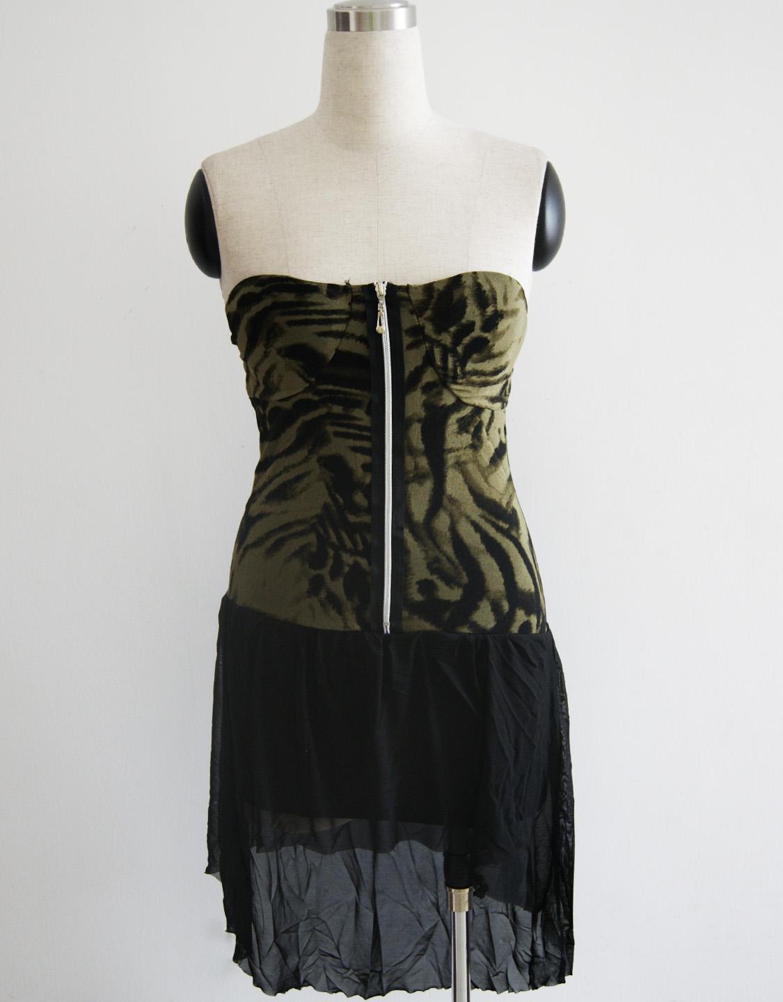 Strapless Zip Front Mesh Hem Mini Dress