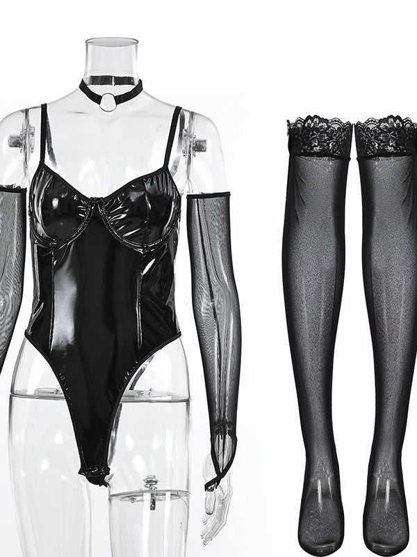 Women Sexy Vinyl Teddy Lingerie with Gloves and Stockings
