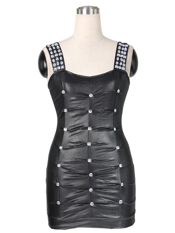 Rhinestone Strap Wet Look Bodycon Mini Dress