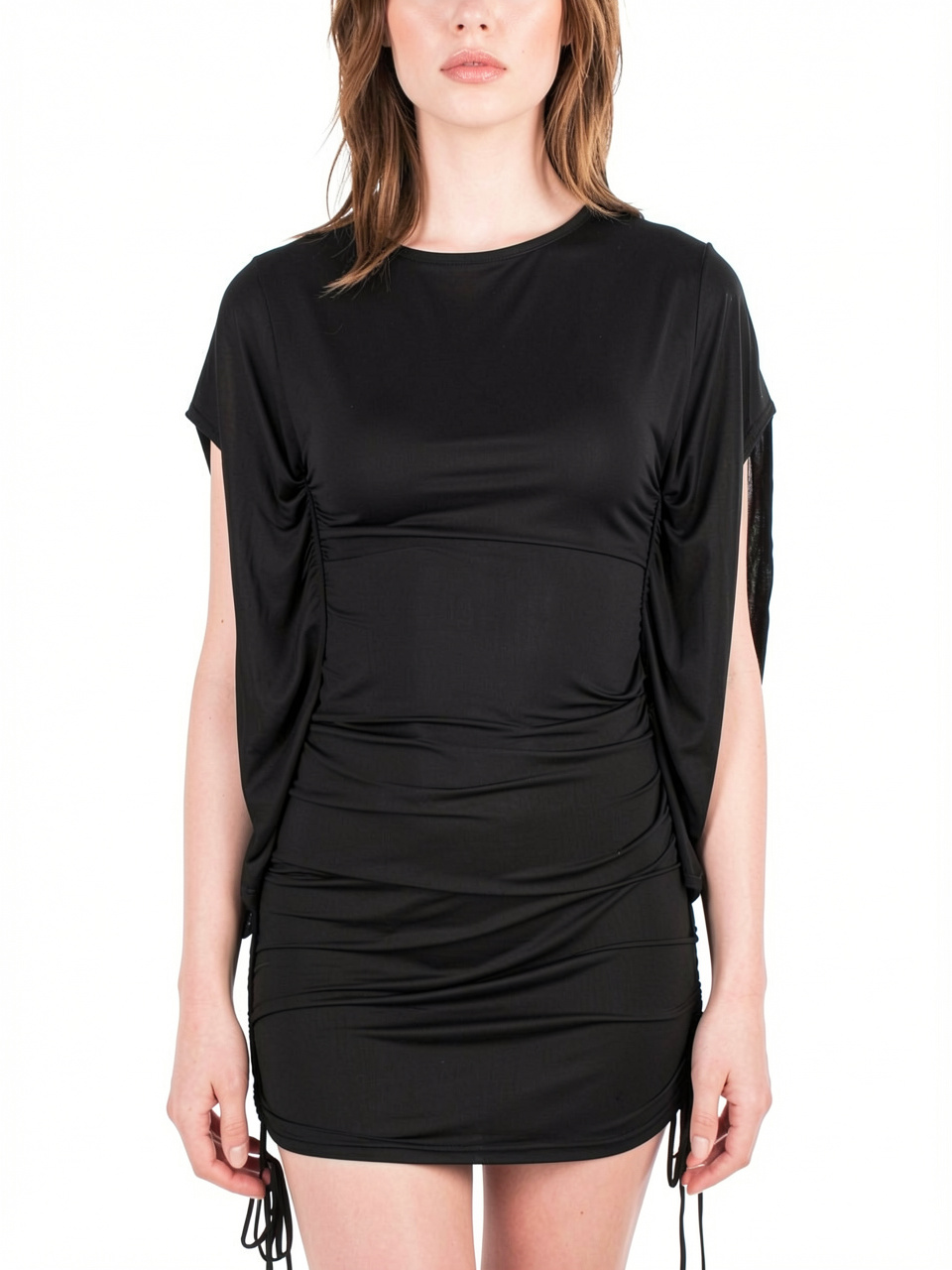Draped Sleeve Ruched Drawstring Mini Dress