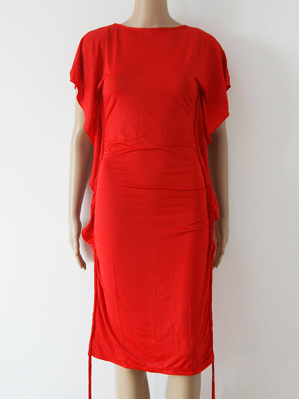 Draped Sleeve Ruched Drawstring Mini Dress