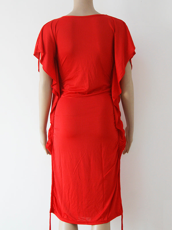 Draped Sleeve Ruched Drawstring Mini Dress