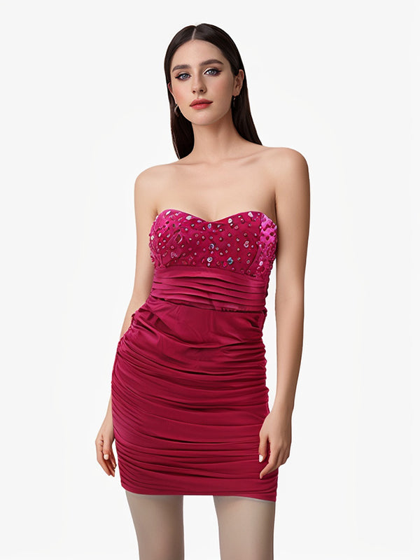 Strapless Sequin Bust Ruched Mini Dress