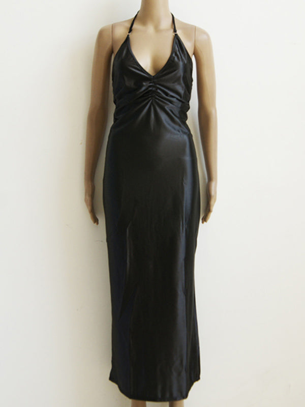 Satin Halter Maxi Evening Dress