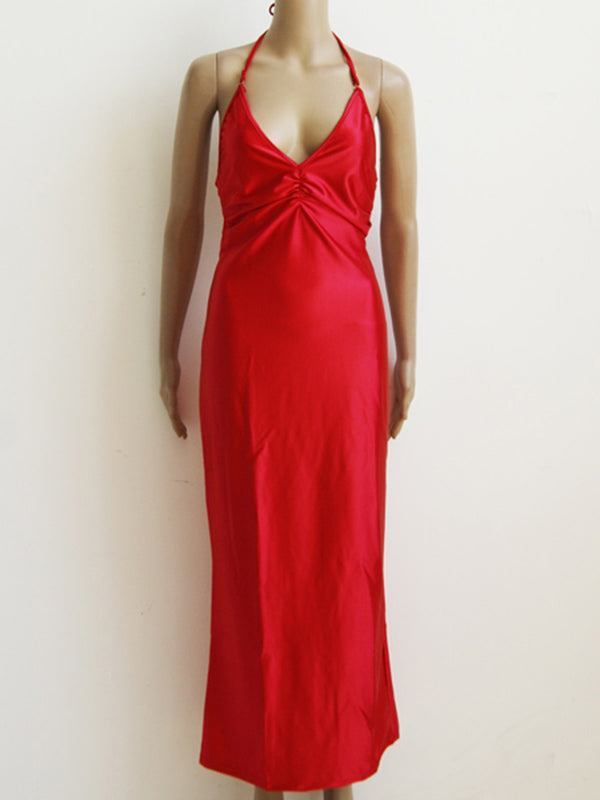Satin Halter Maxi Evening Dress