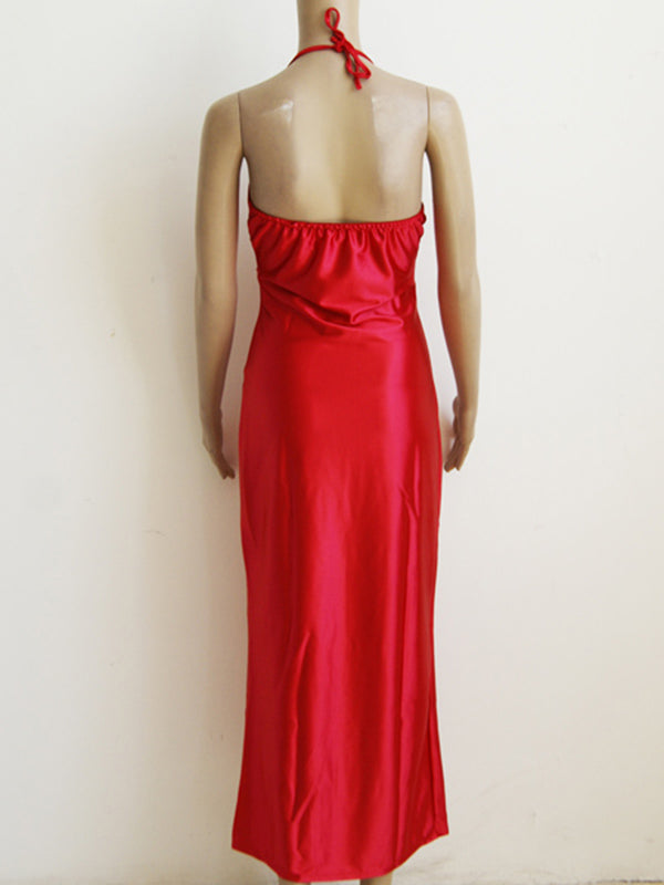 Satin Halter Maxi Evening Dress