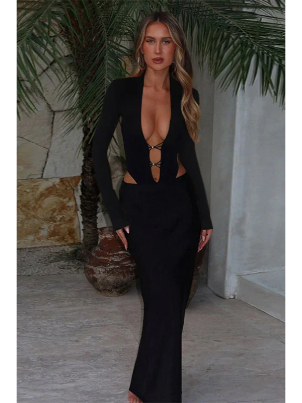 Women Sexy Long Sleeve Lace Up Maxi Dress