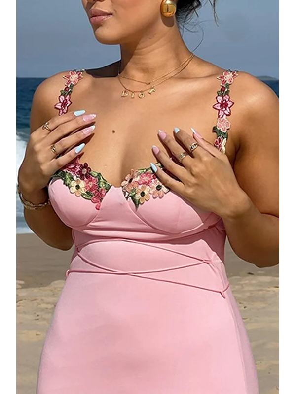 Floral Trim Ruched Bodycon Mini Dress