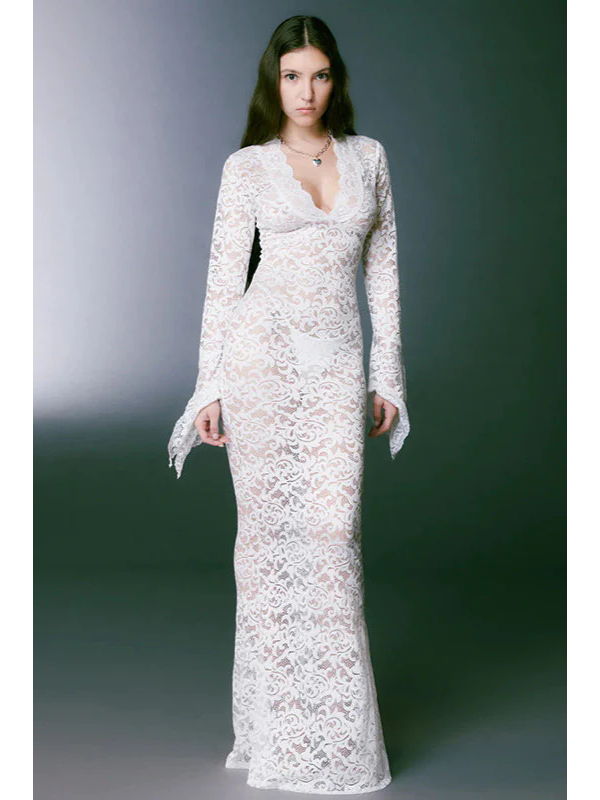 Women Sexy Long Sleeve Crochet Maxi Dress