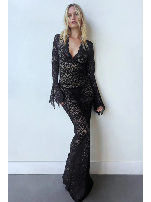 Women Sexy Long Sleeve Crochet Maxi Dress