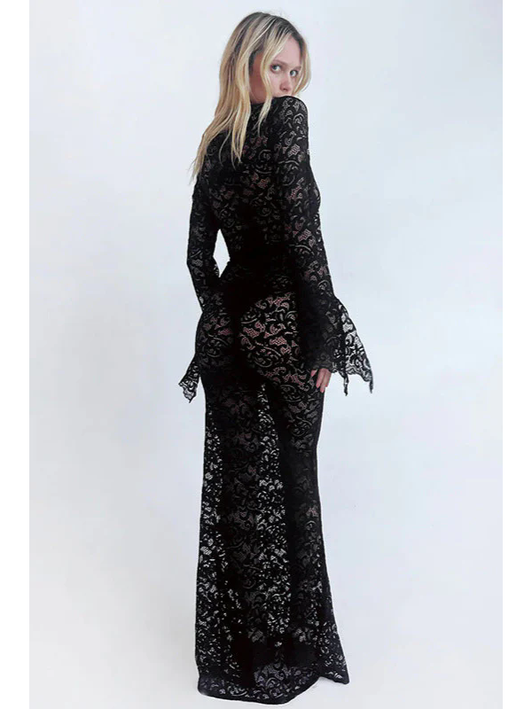 Women Sexy Long Sleeve Crochet Maxi Dress