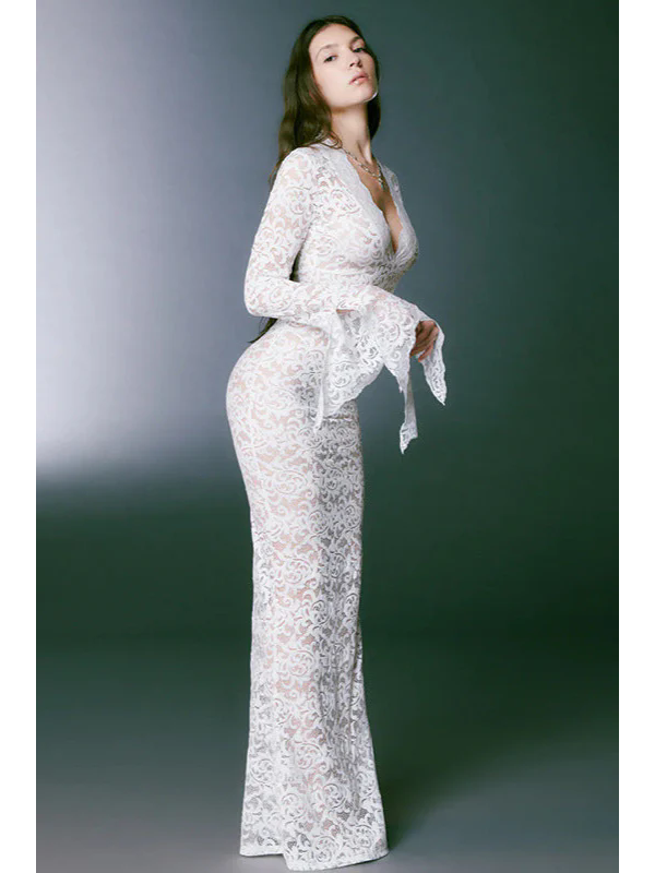 Women Sexy Long Sleeve Crochet Maxi Dress