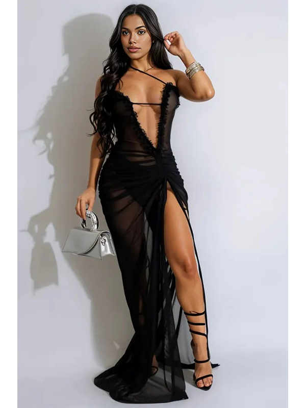 Women Sexy Sheer Deep V Neck Maxi Dress