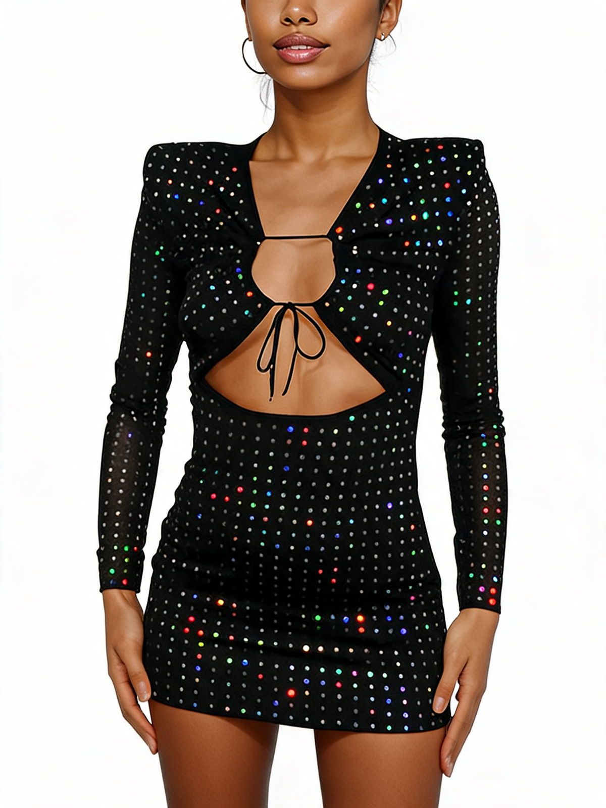 Rhinestone Mesh Keyhole Long Sleeve Mini Dress