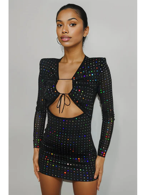 Rhinestone Mesh Keyhole Long Sleeve Mini Dress