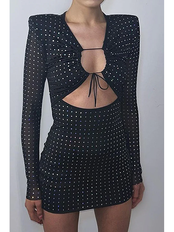 Rhinestone Mesh Keyhole Long Sleeve Mini Dress