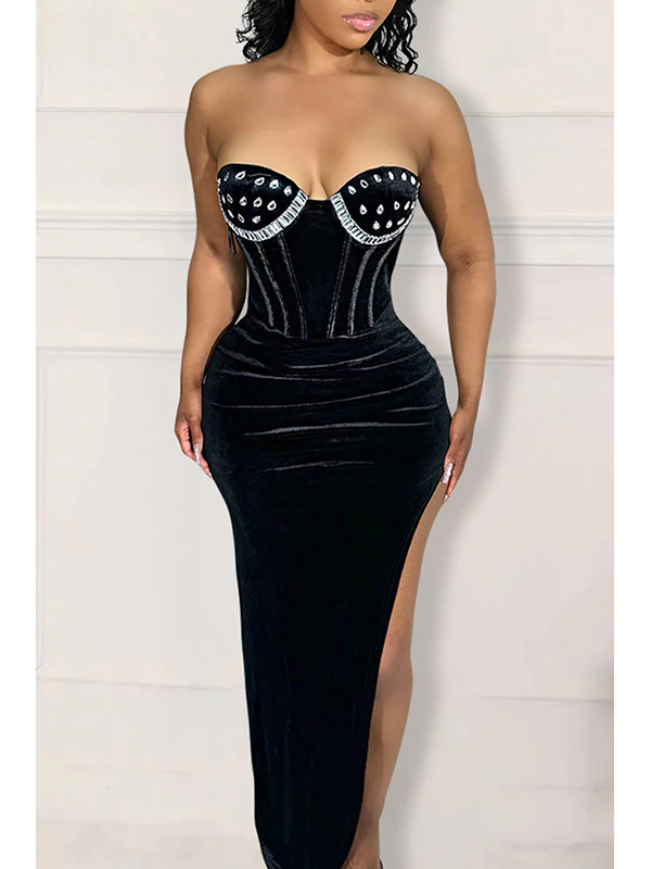 Women Sexy Strapless Corset Velvet Maxi Dress
