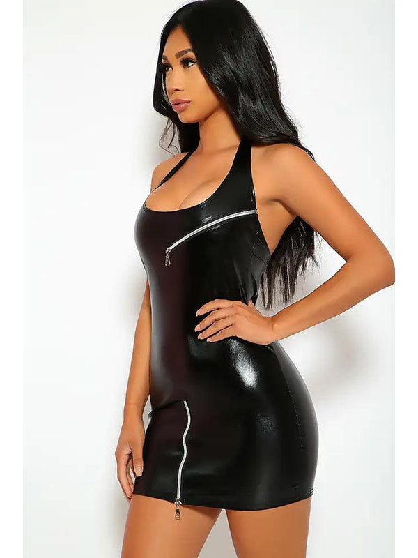 Women Sexy Halter Mini Vinyl Dress