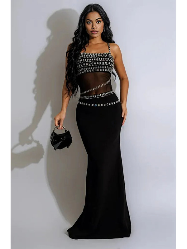 Women Sexy Rhinestone Mermaid Maxi Dress