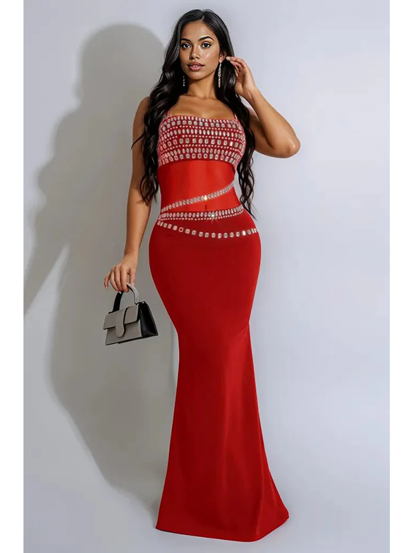 Women Sexy Rhinestone Mermaid Maxi Dress