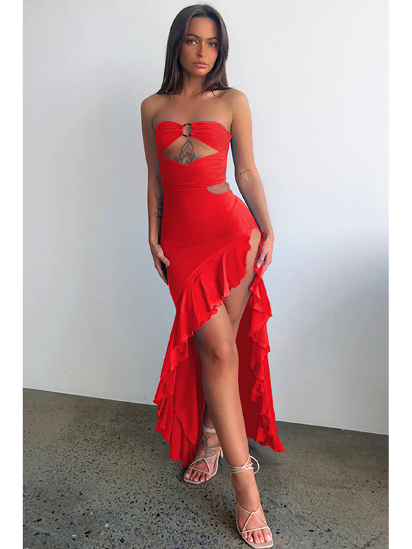 Women Sexy Strapless Cut Out Ruffle Maxi Dress