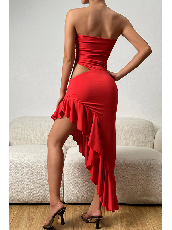 Women Sexy Strapless Cut Out Ruffle Maxi Dress