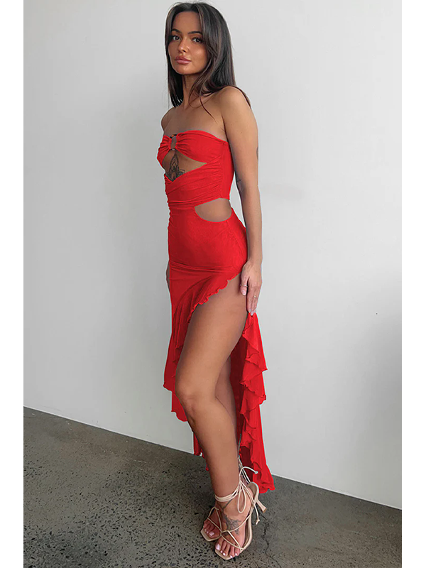 Women Sexy Strapless Cut Out Ruffle Maxi Dress