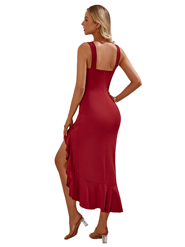 Women Sexy Sleeveless Ruffle Midi Dress